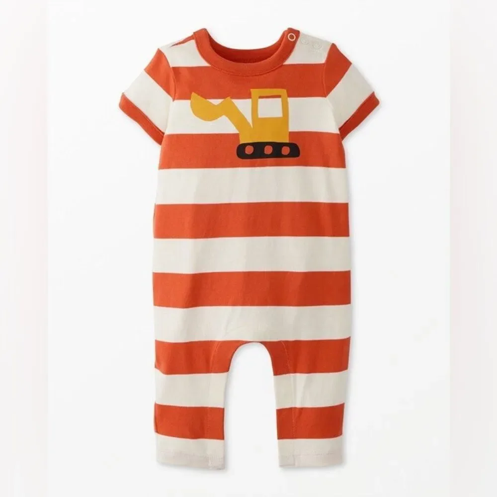 Hanna Andersson Orange and White Excavator Baby Romper, Size 3-6‎ mo.